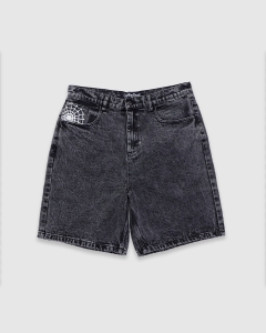 Crawling Death Web Denim Shorts Acid Black