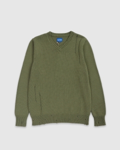 Larriet Distressed V Neck Knit Sweater Green