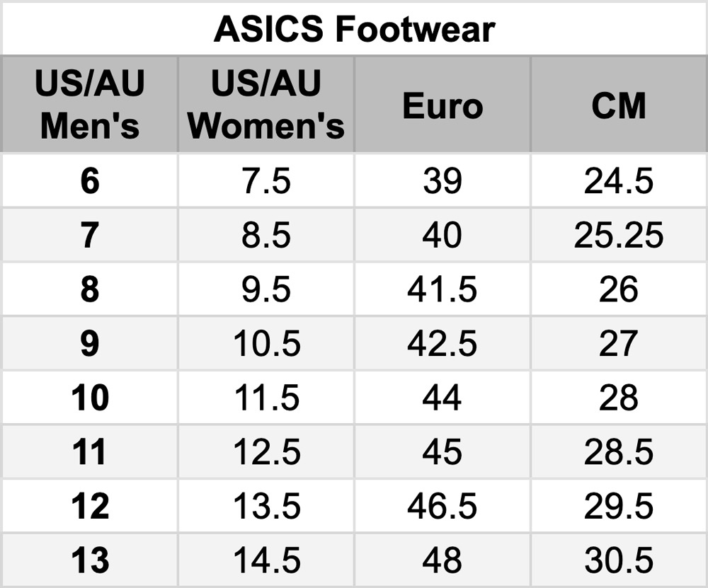 Asics Size Guide