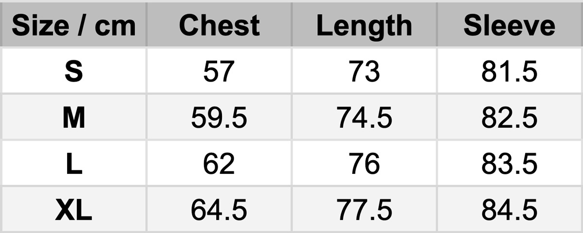 Butter Zip Thru SIZE GUIDE