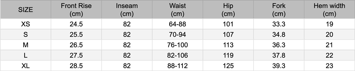 Size Guide Gramicci Pant