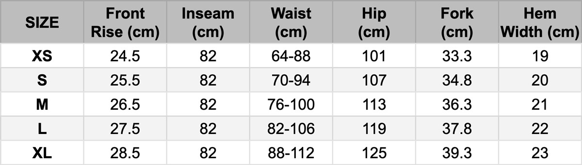 Gramicci Pant Size Guide